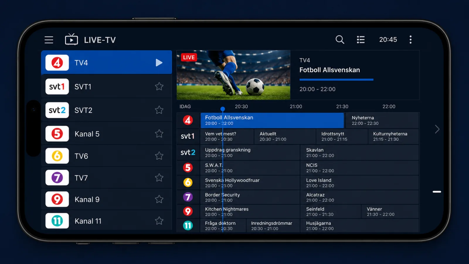 IPTV Smarters Pro live-TV-vy med svenska kanaler