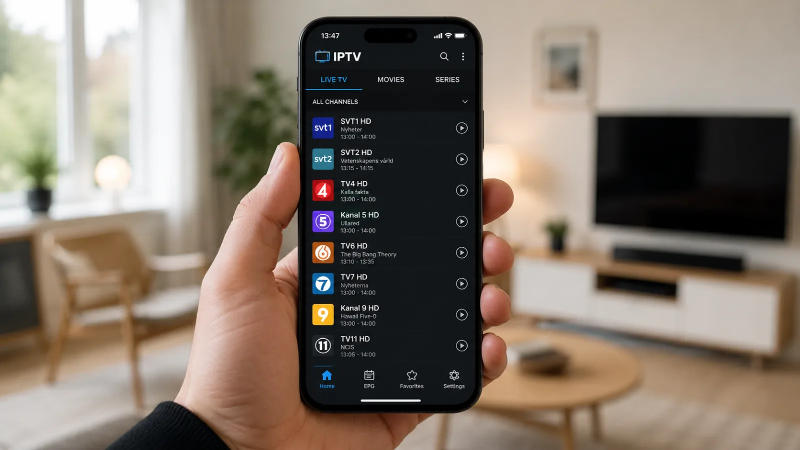 iPhone med IPTV Smarters Player som streamar svenska kanaler