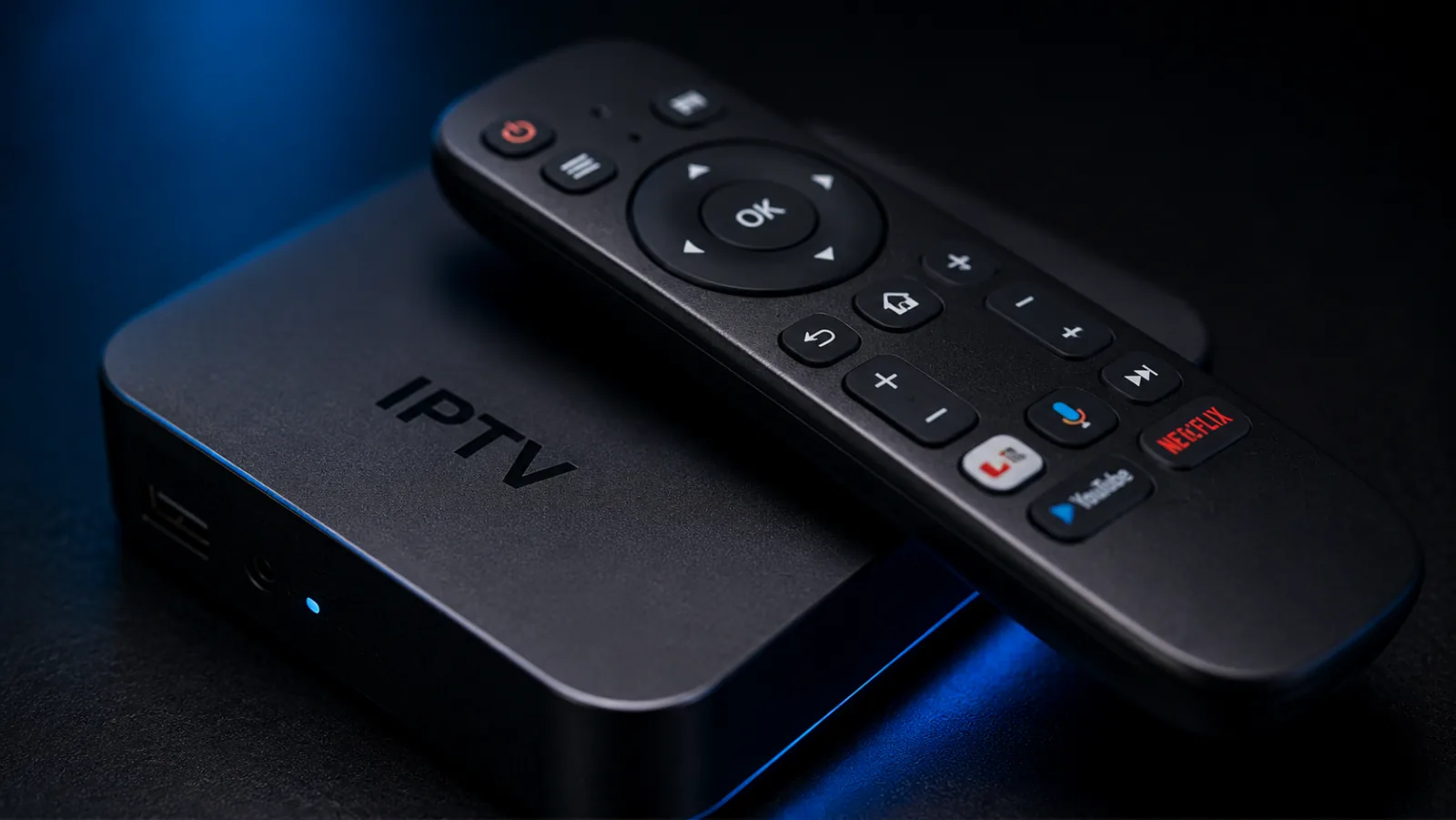 Modern IPTV-box med fjärrkontroll på TV-bänk